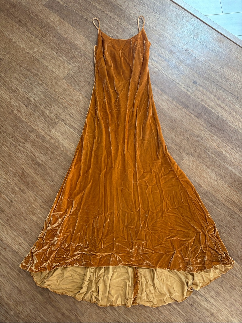 Vintage 90s Hugo Buscati Gold Silk Velvet Slip Gown Dress with small train Sz 6